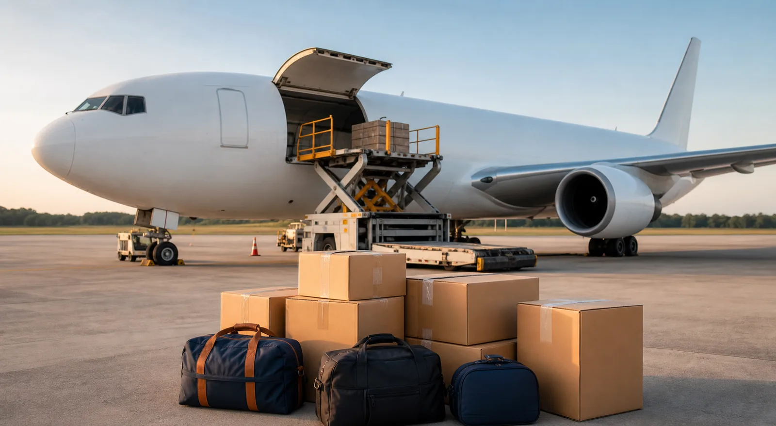 Colis et sacs préparés devant un avion-cargo à l’aéroport