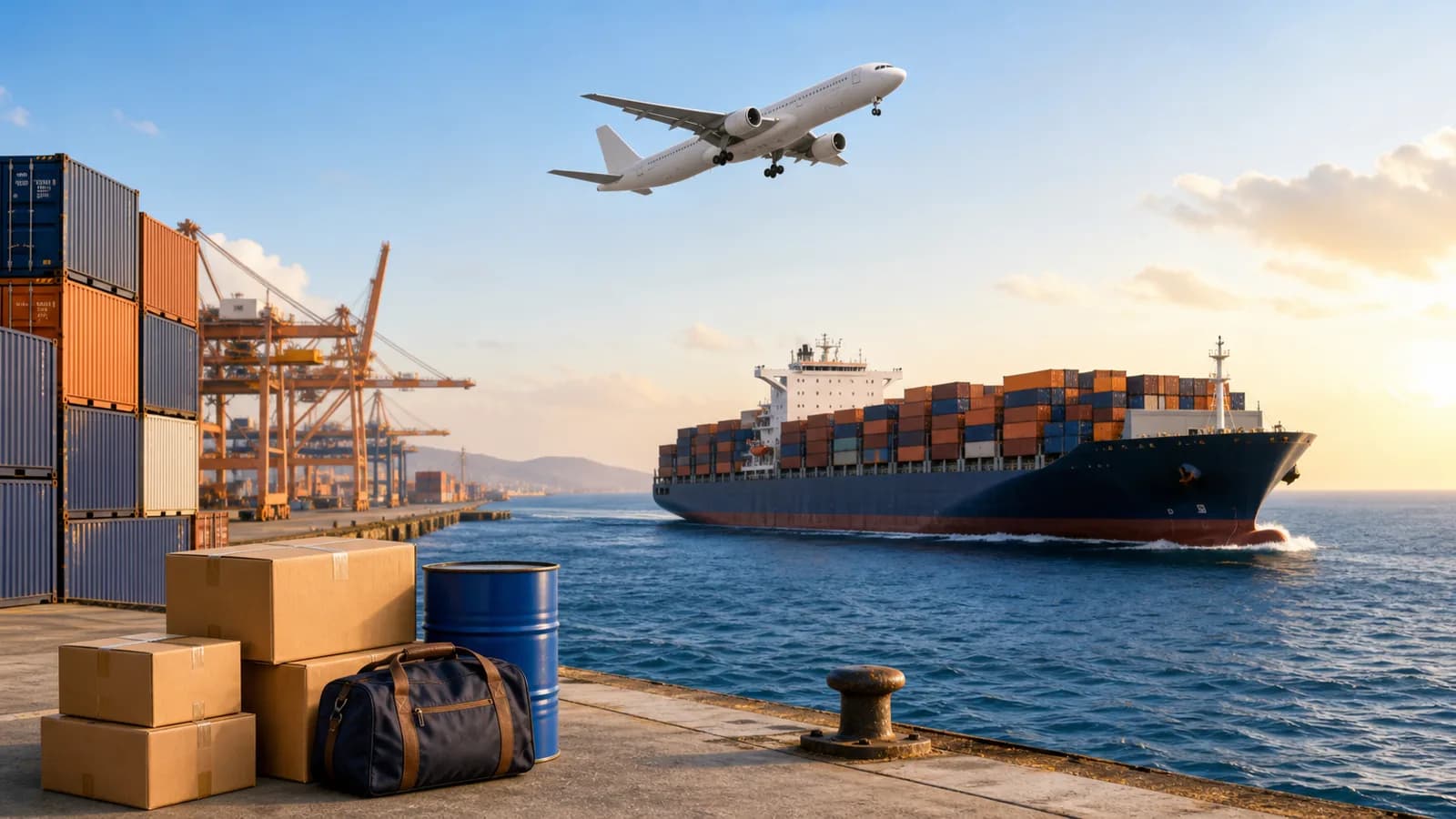 Avion-cargo, porte-conteneurs, cartons, sac et baril dans un port
